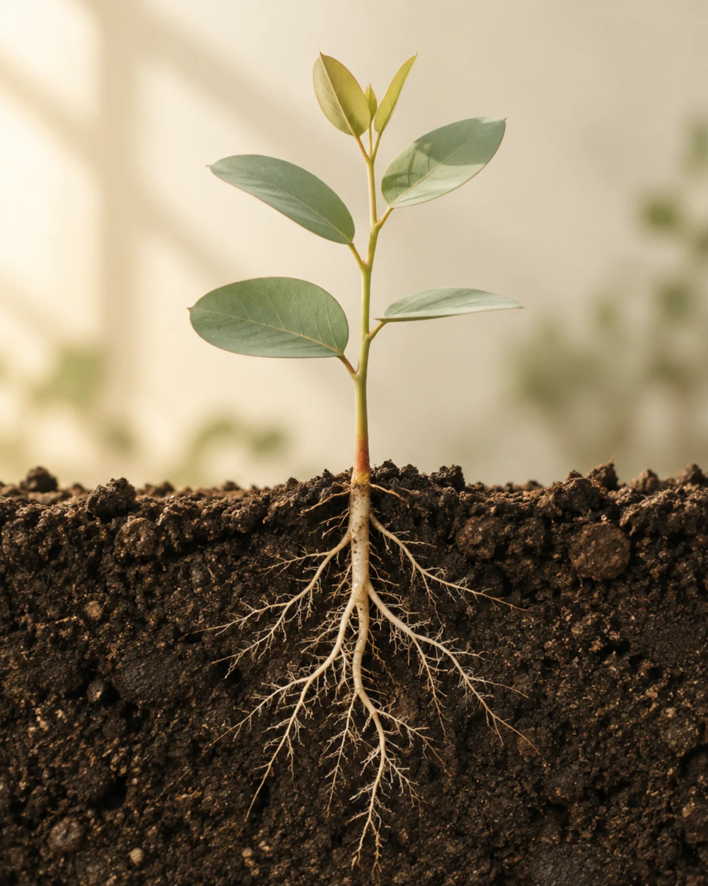 A young eucalyptus seedling with its roots revealed in dark soil
