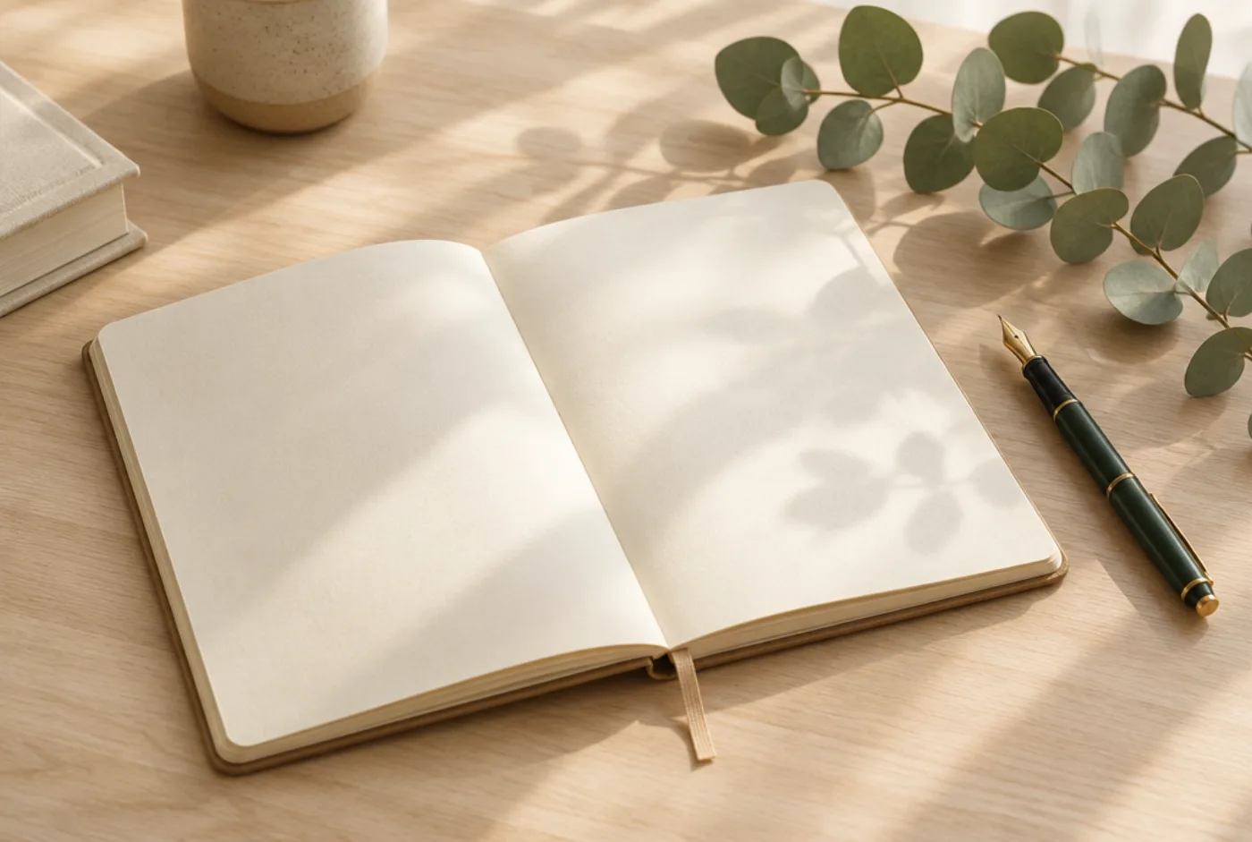 An open notebook, a pen and a sprig of eucalyptus on a timber desk